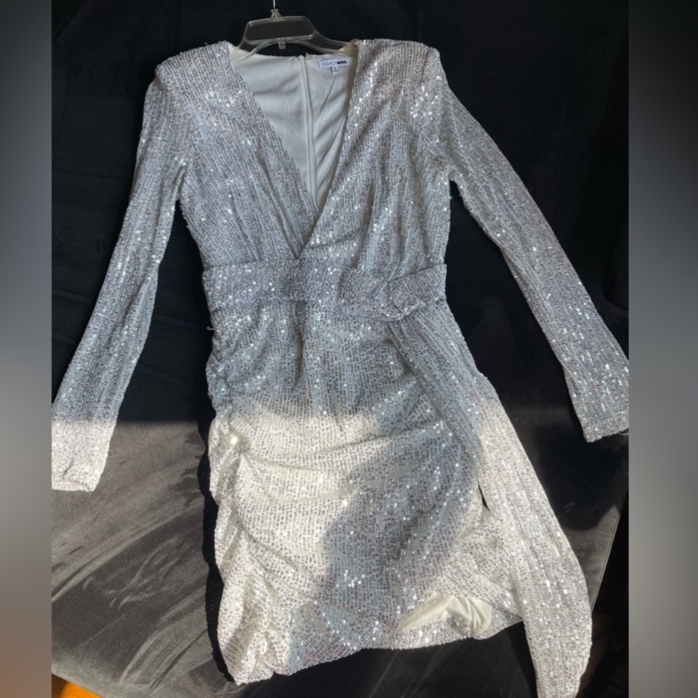 Sequin, mini dress, white and silver size S
